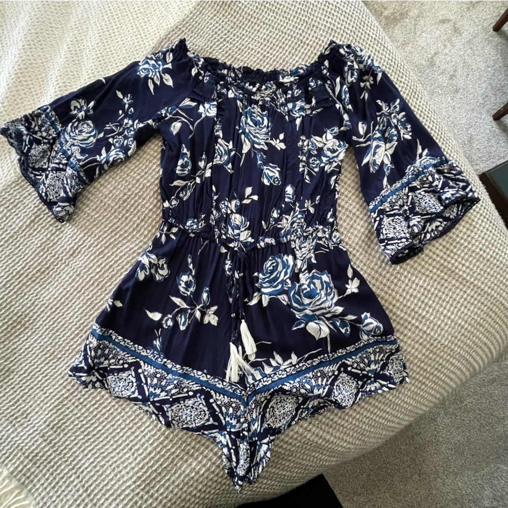 Blue Boho Off the Shoulder Romper
